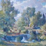 Table ec. French HSP “Edge of pond with trees” signed (to be deciphered)