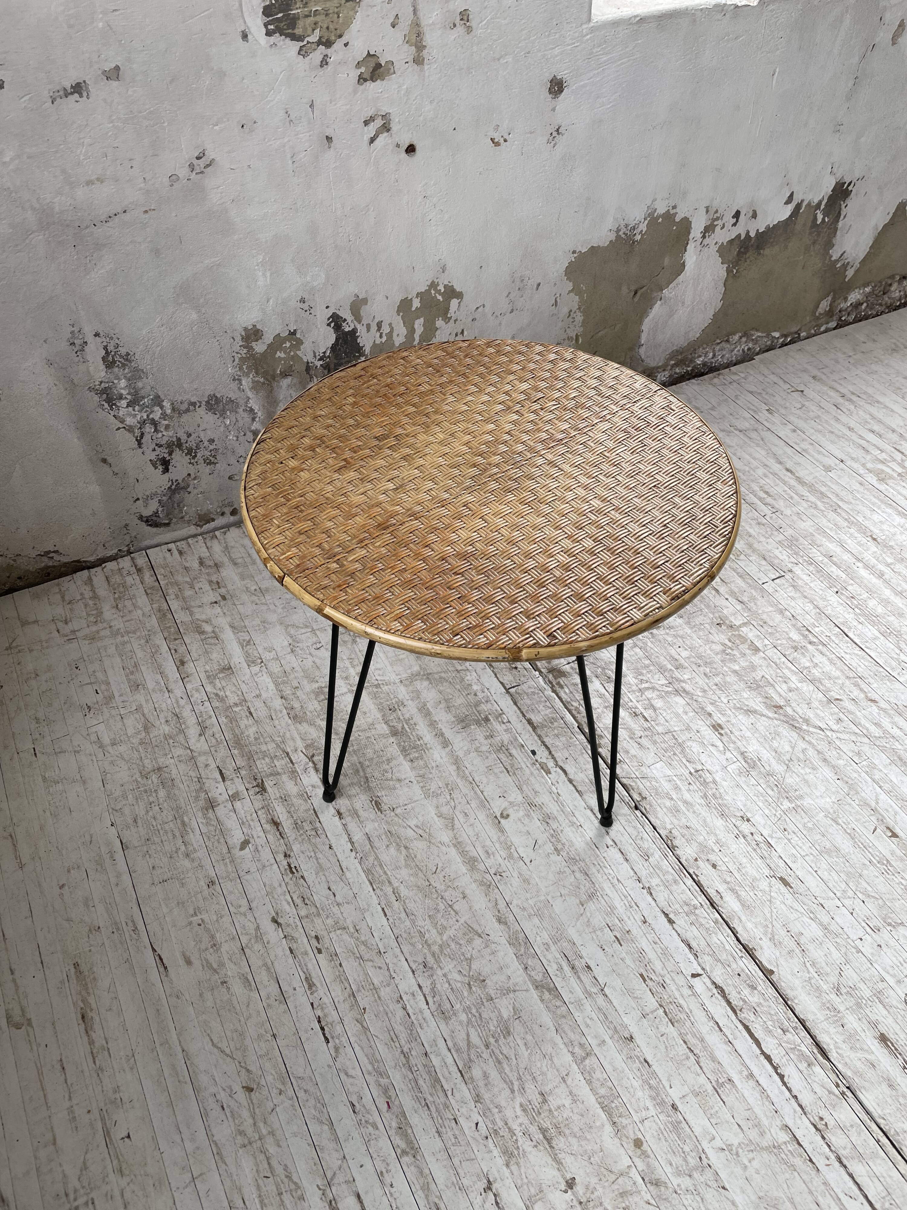 Wicker and metal coffee table from the 1950s
