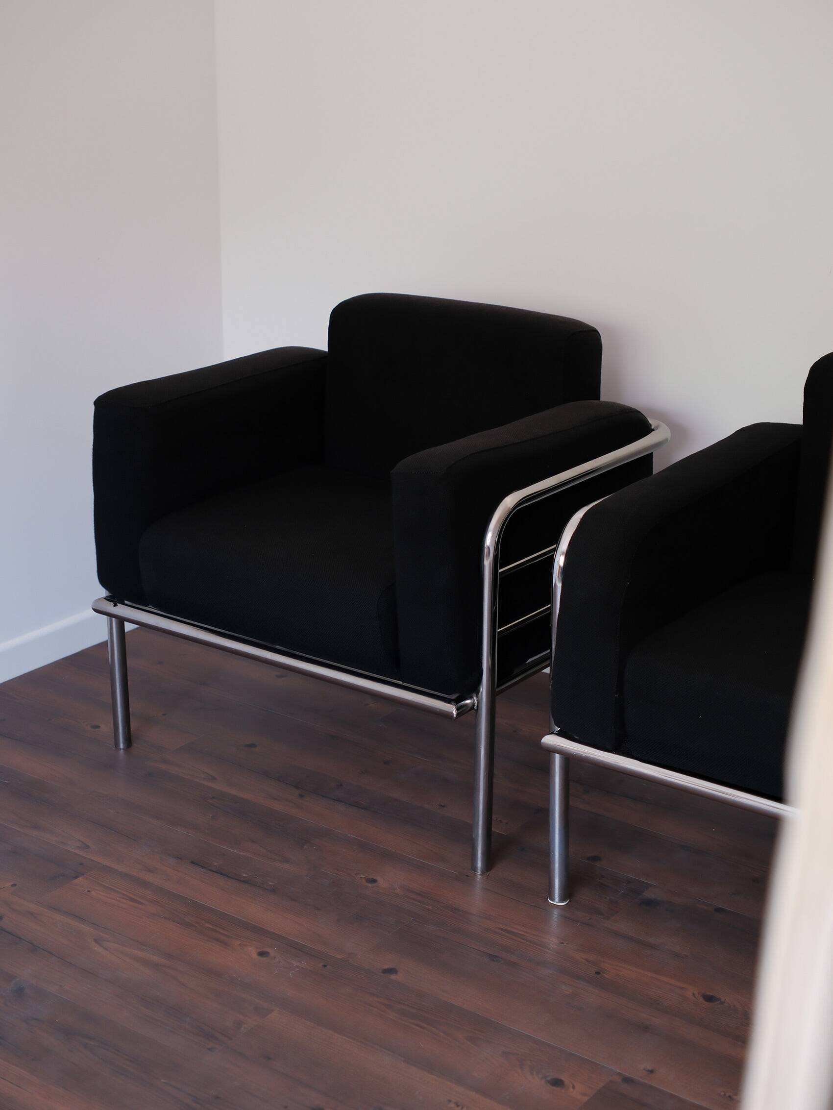 Pair of fabric armchairs – modernist design, circa 1970-80