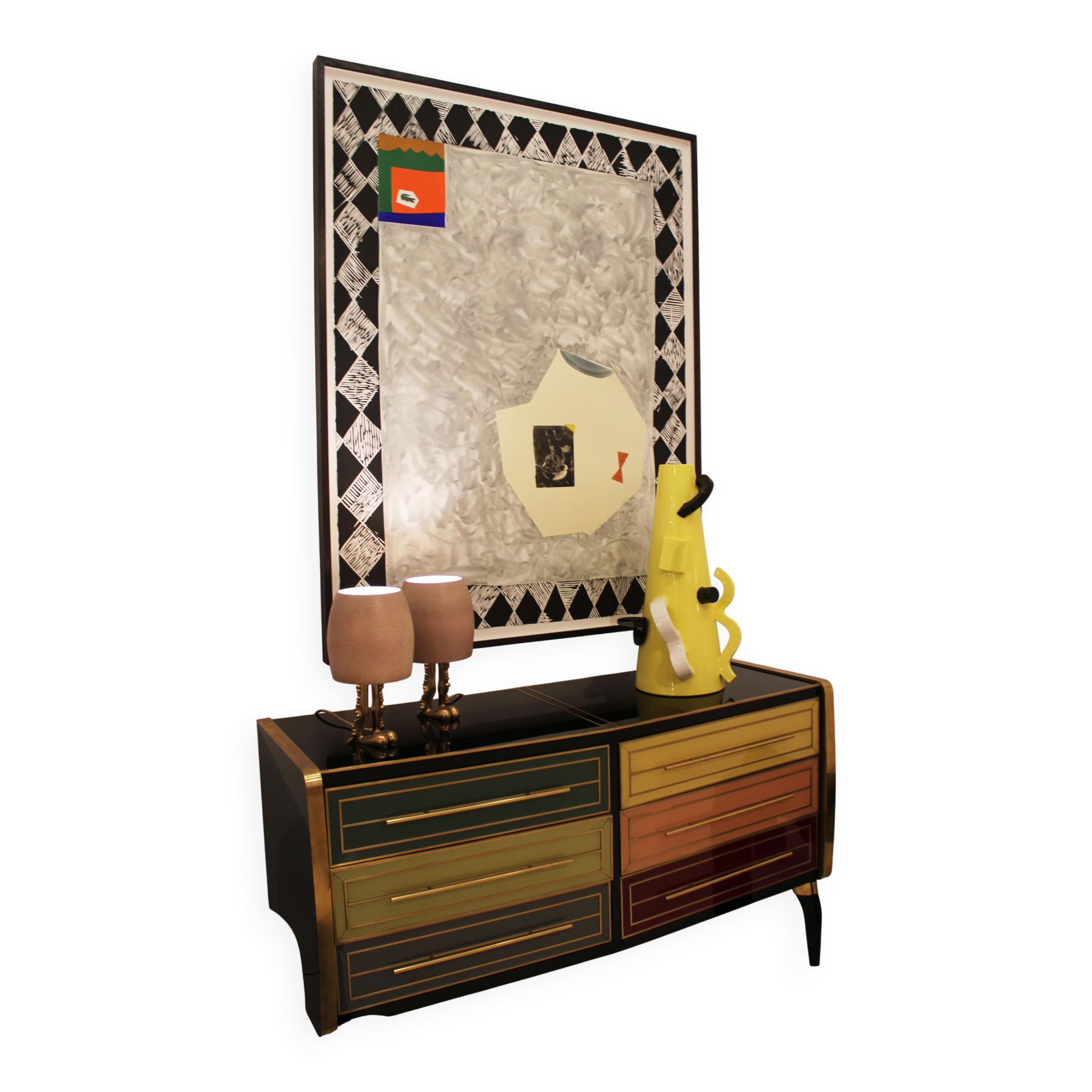 Mid Century Solid Wood And Colored Glass Bar Furniture, Italy 1950's