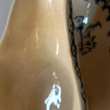 Old gravy boat on frame in terre de fer earthenware by gien, “chardons” model in blue-green