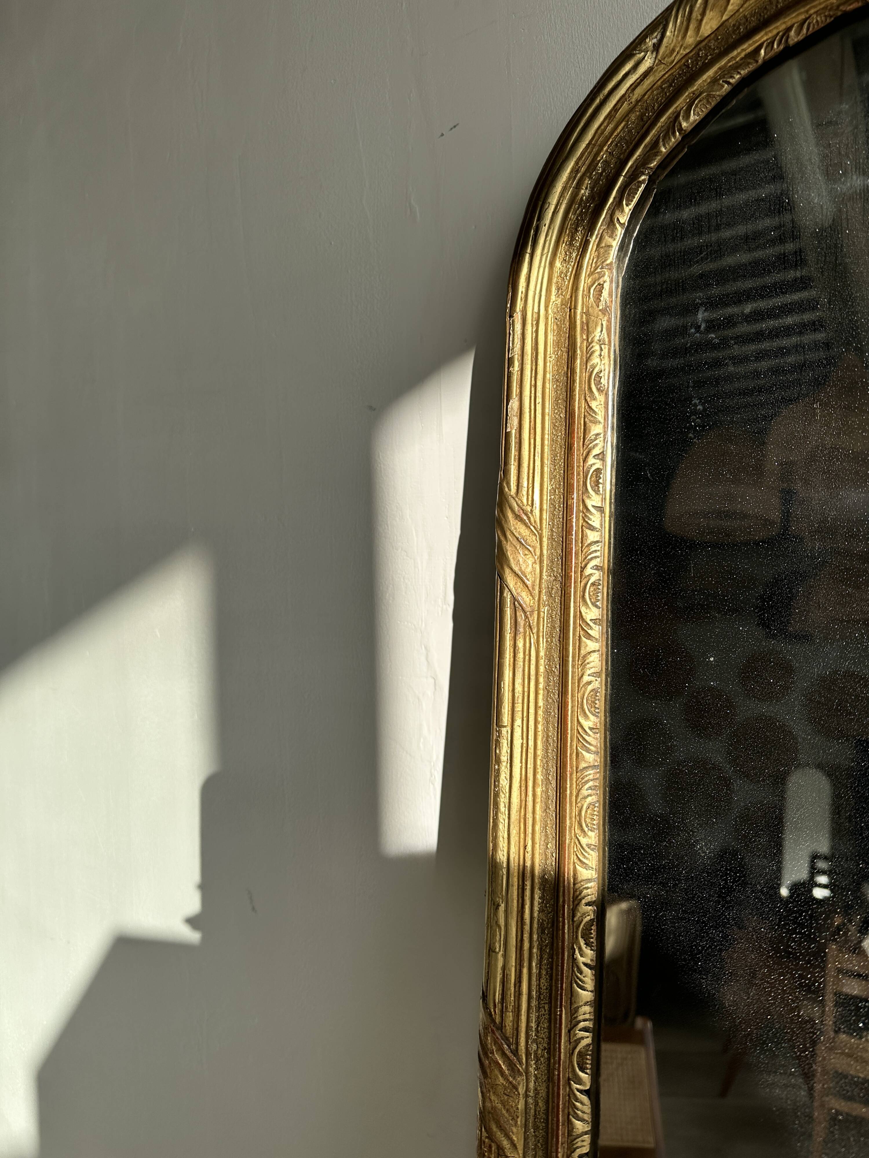 Large gilded mirror 19th century rounded corners mercury glass Louis XVI style