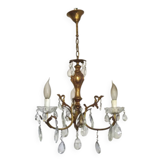 French Vintage Mid Century 3 light Bronze Glass and Crystal Chandelier 4823