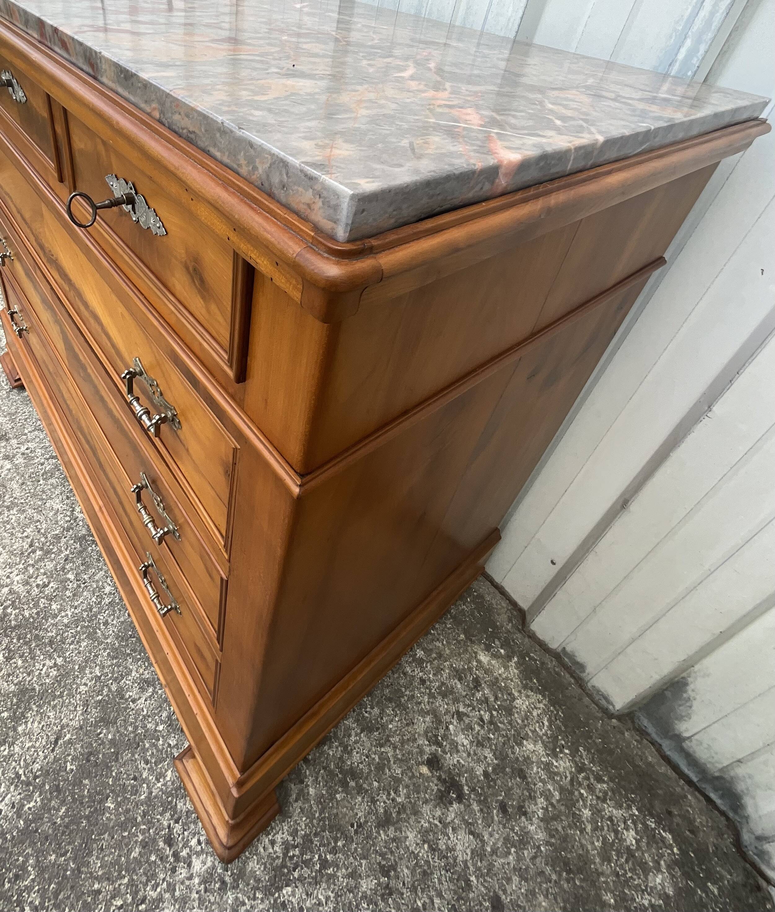 Louis-Philippe chest of drawers in cherry burl and Pyrenees marble top f