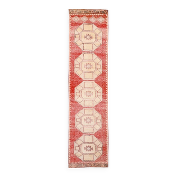 Tapis couloir vintage rouge oriental classique turc, 87x379 cm