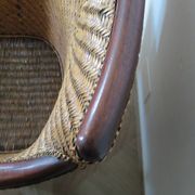 Set of 2 armchairs in woven rattan and exotic wood, 1980s