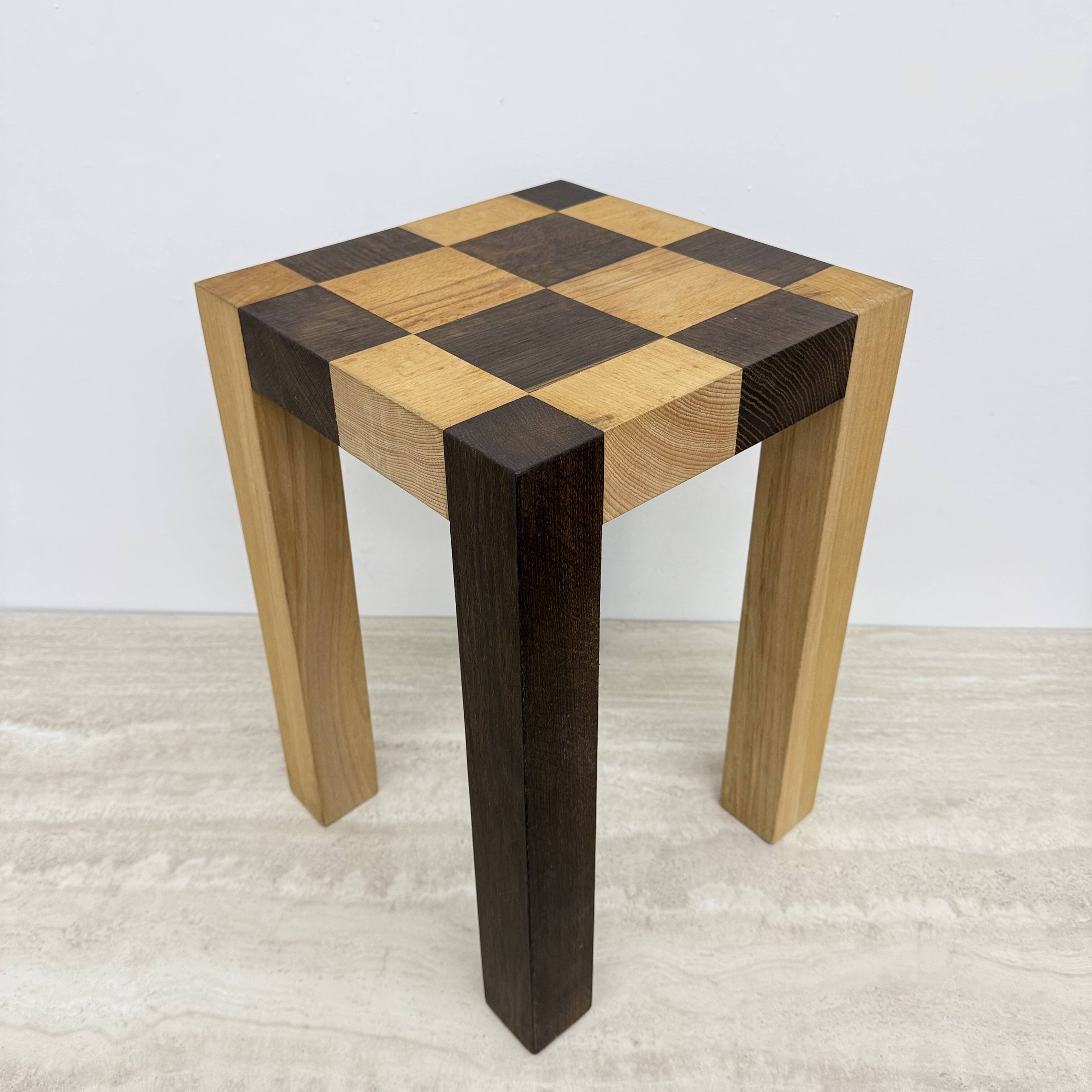Vintage solid wooden side table chess style , 1970s