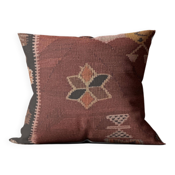 Antique Kilim Cushion Cover in Terracotta and Black, 45x45 cm Tribal Pillow Case