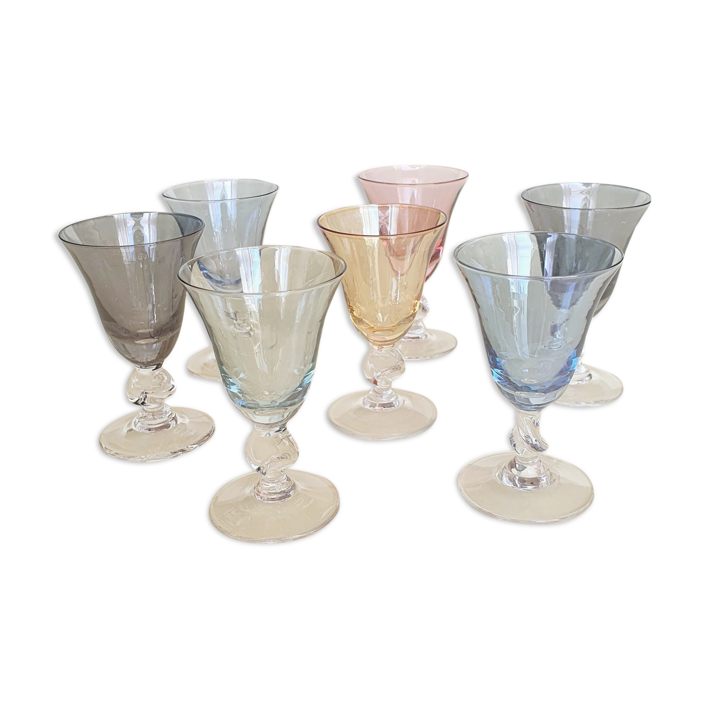 set of 7 multicolored Harlequin liqueur glasses