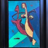 Oil on canvas board by rené marie (1909-1973). seahorses