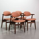 4 Wenge Cowhorn Tijsseling Dining Chairs with Stone Red Fabric, Hulmefa 60s