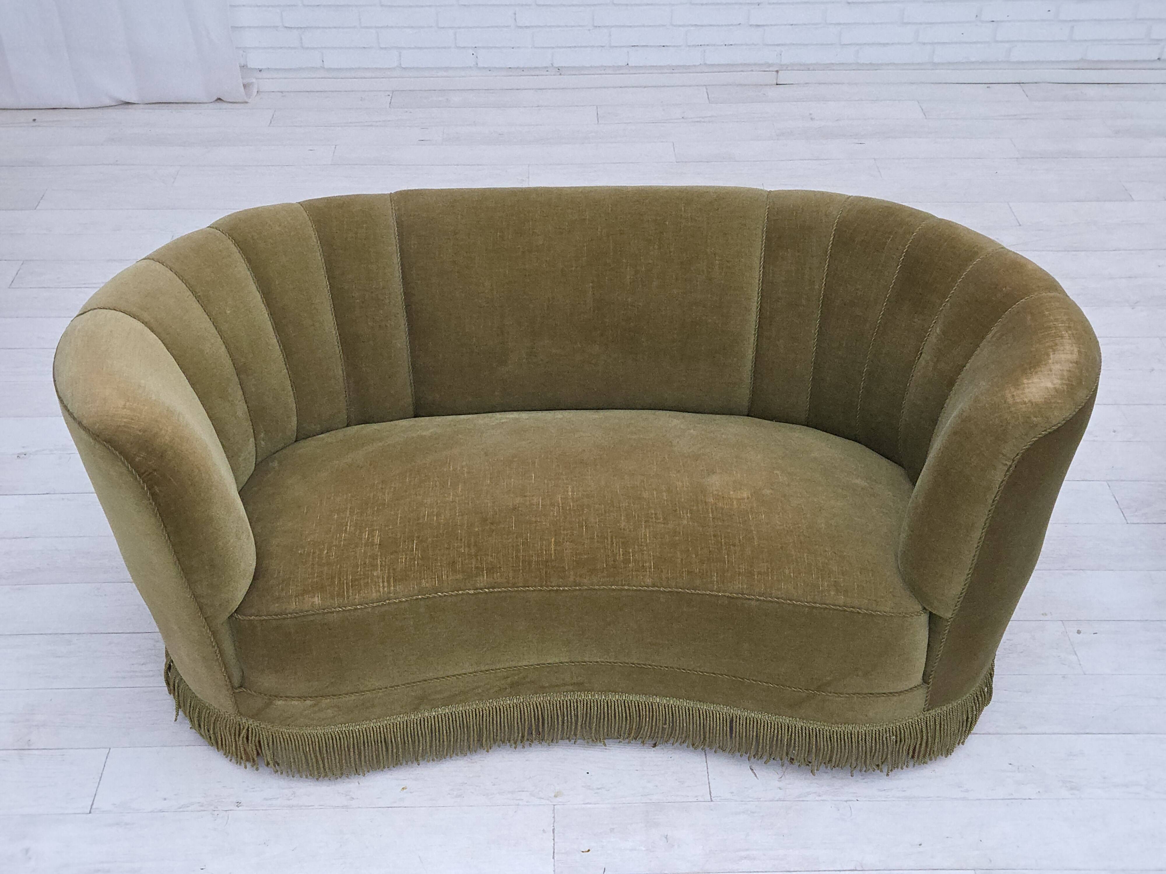 1960s, Danish 2-seater "Banana" sofa, original green furniture velour.