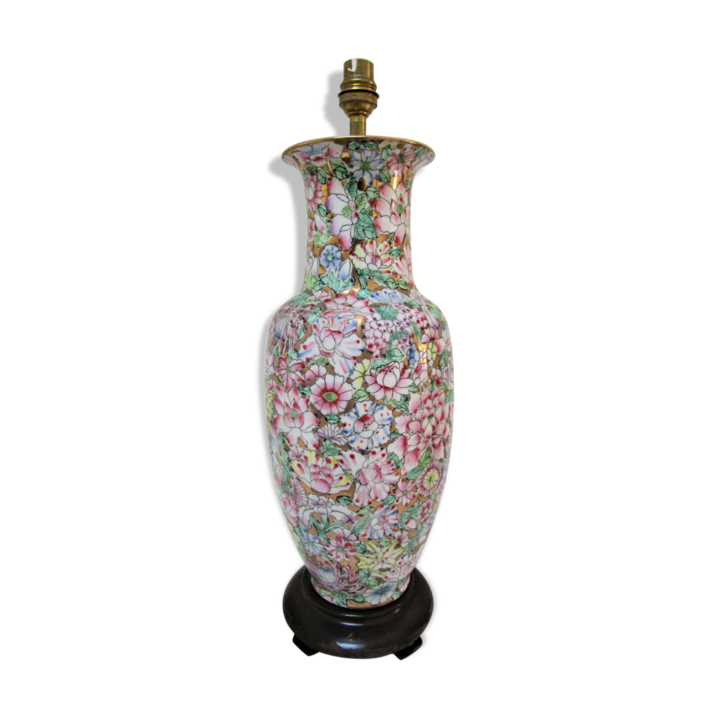Chinese porcelain lamp foot with polychrome decoration of vintage flowers