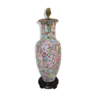 Chinese porcelain lamp foot with polychrome decoration of vintage flowers