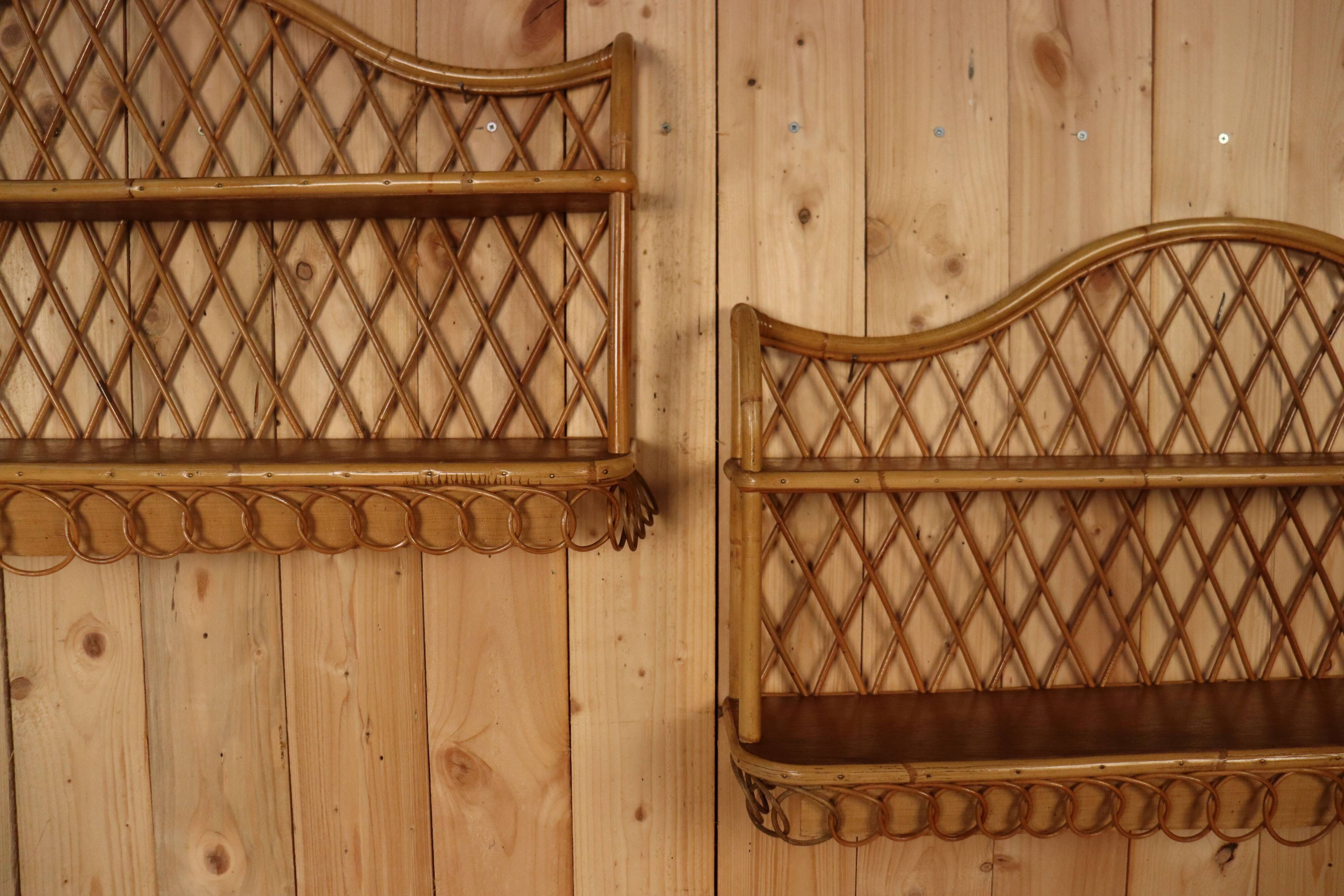 Pair of rattan wall shelves attributed to Audoux Minet