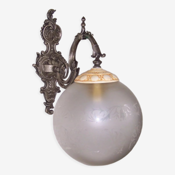 French baroque style silver metal & porcelain wall light glass shade 4169