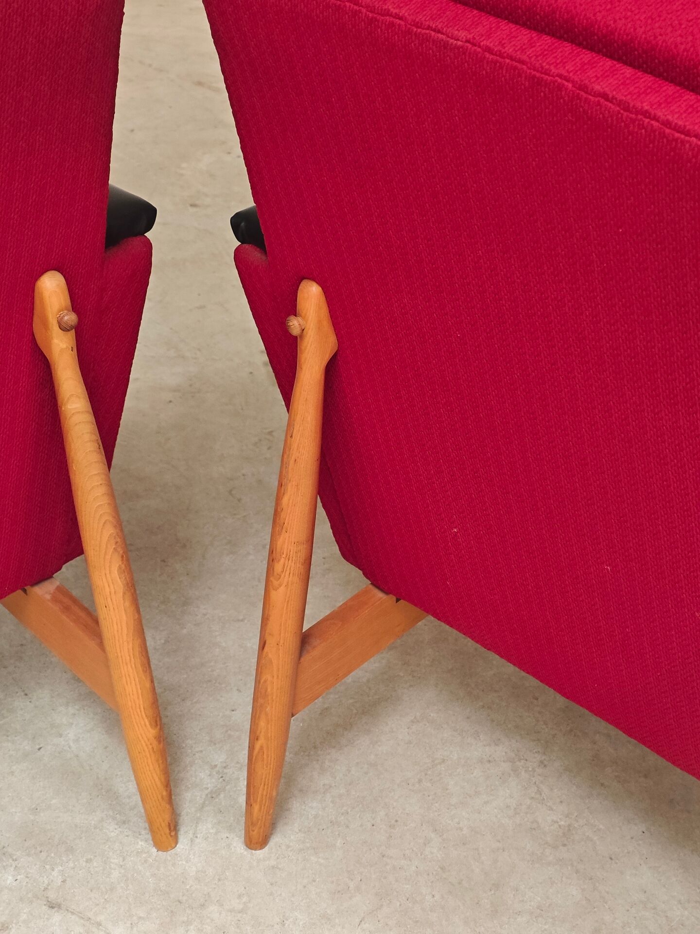 Pair of Drevotex Zamberk armchairs, red fabric and faux leather 1970