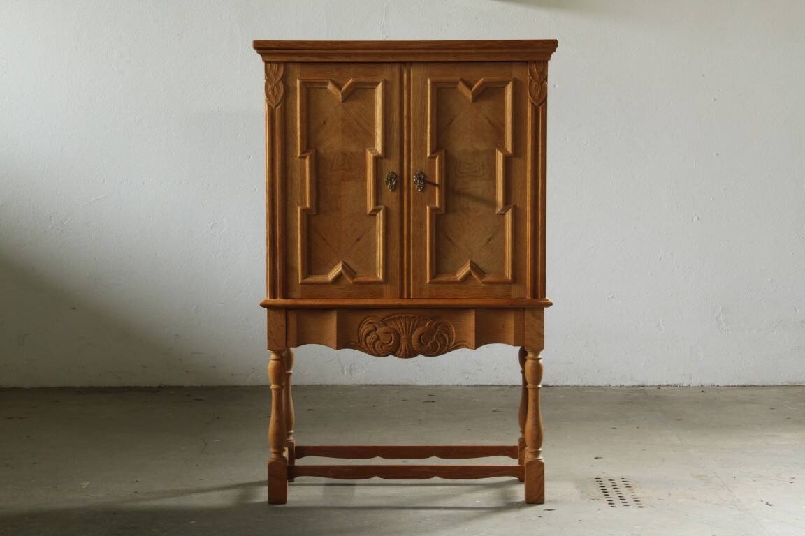 Vintage Danish Chevron Oak Cabinet, Henning Kjærnulf Baroque style, 1960s