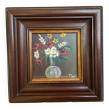 Small painting bouquet of flowers oil on panel signed