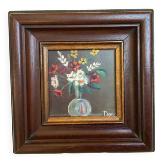 Small painting bouquet of flowers oil on panel signed