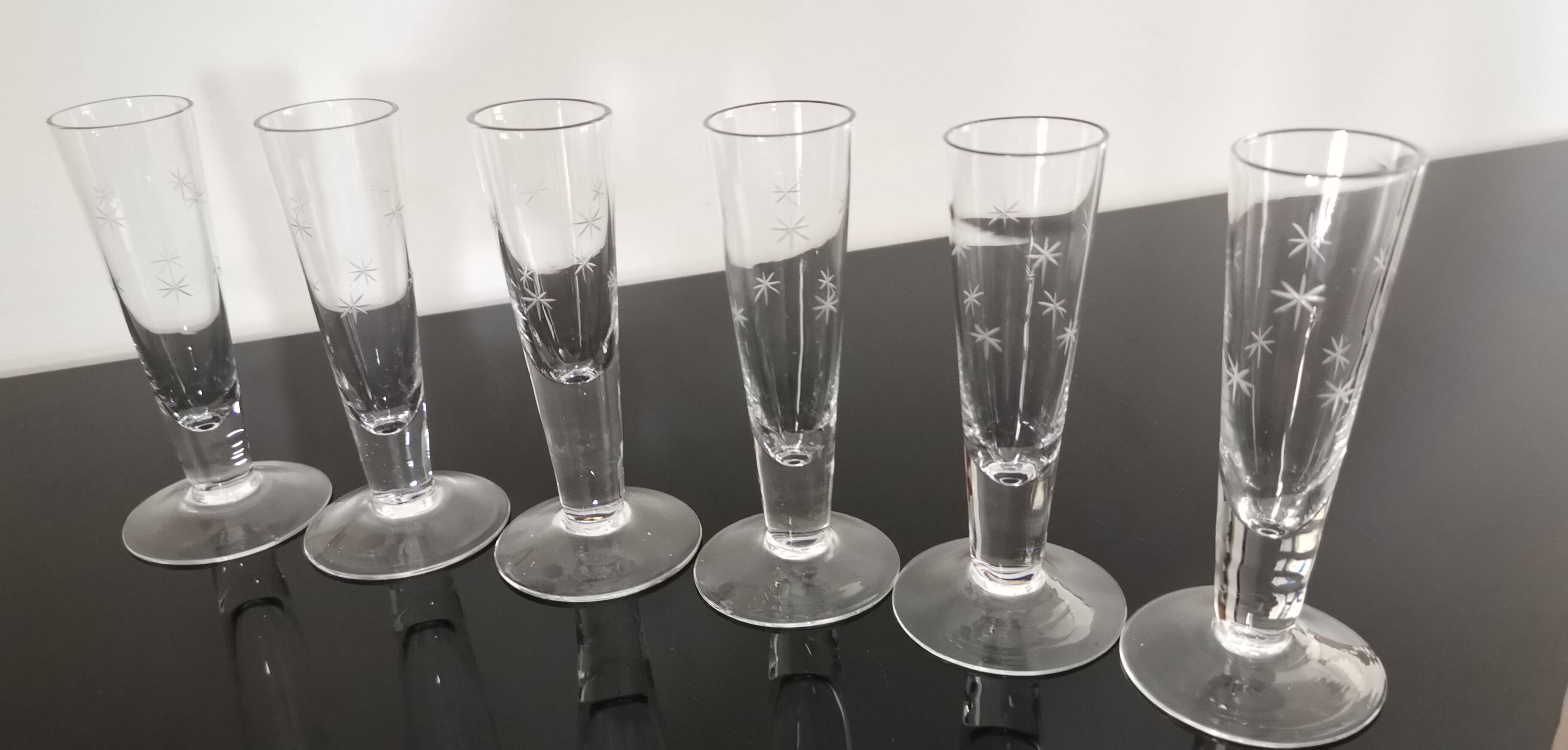 6 small antique hand-blown crystal flutes