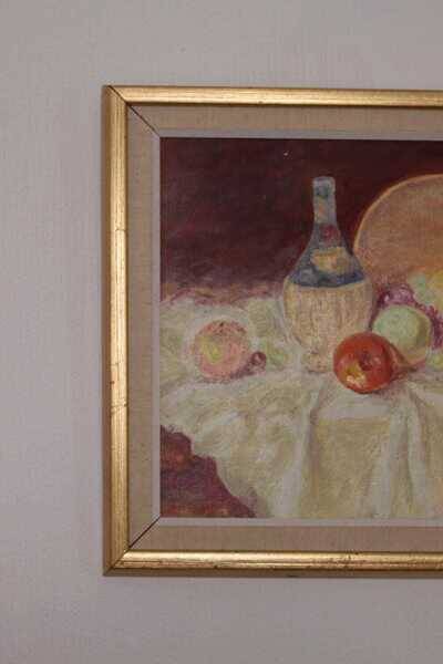 Original Swedish oil on canvas – “Still Life with Fruit and Bottle” by A.K. – vintage & framed – 40 × 48 cm (15.7" × 18.9")