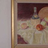 Original Swedish oil on canvas – “Still Life with Fruit and Bottle” by A.K. – vintage & framed – 40 × 48 cm (15.7" × 18.9")