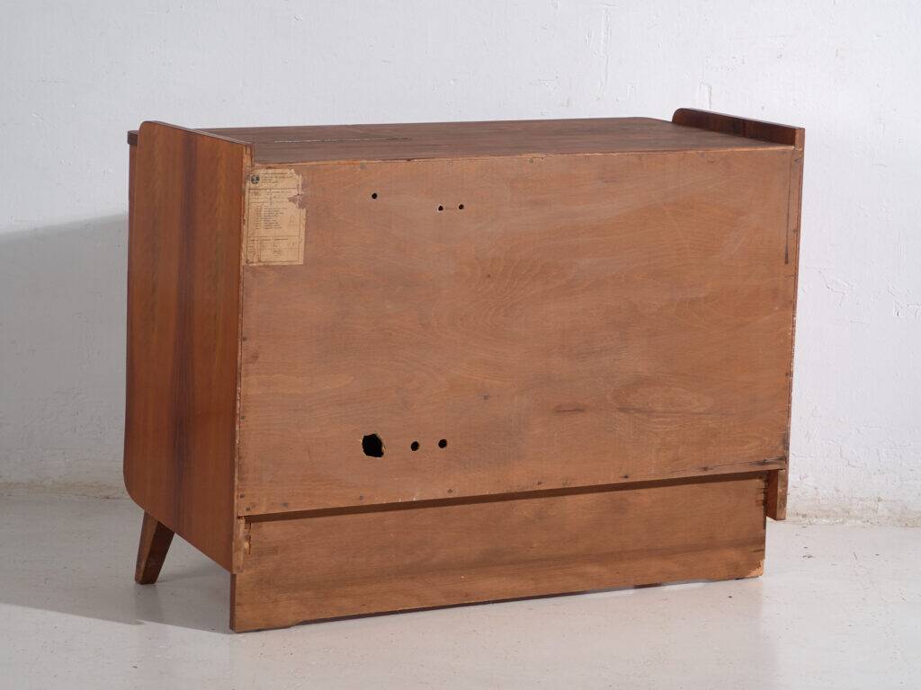 Mid-century walnut veneer sideboard with triangular handles – Czechoslovakia, circa 1960