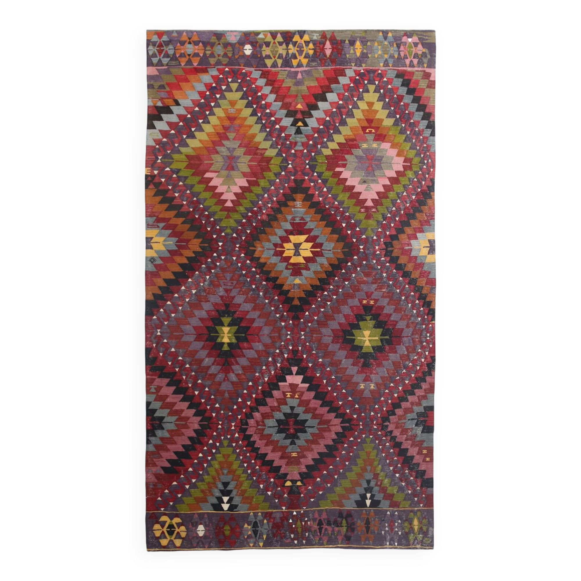 Geometric Pattern Burgundy  Turkish Vintage Kilim Rug, 188x338 Cm