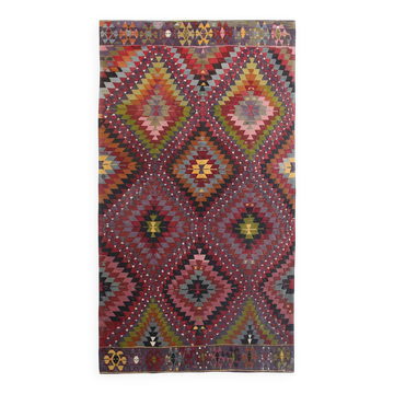 Geometric Pattern Burgundy  Turkish Vintage Kilim Rug, 188x338 Cm