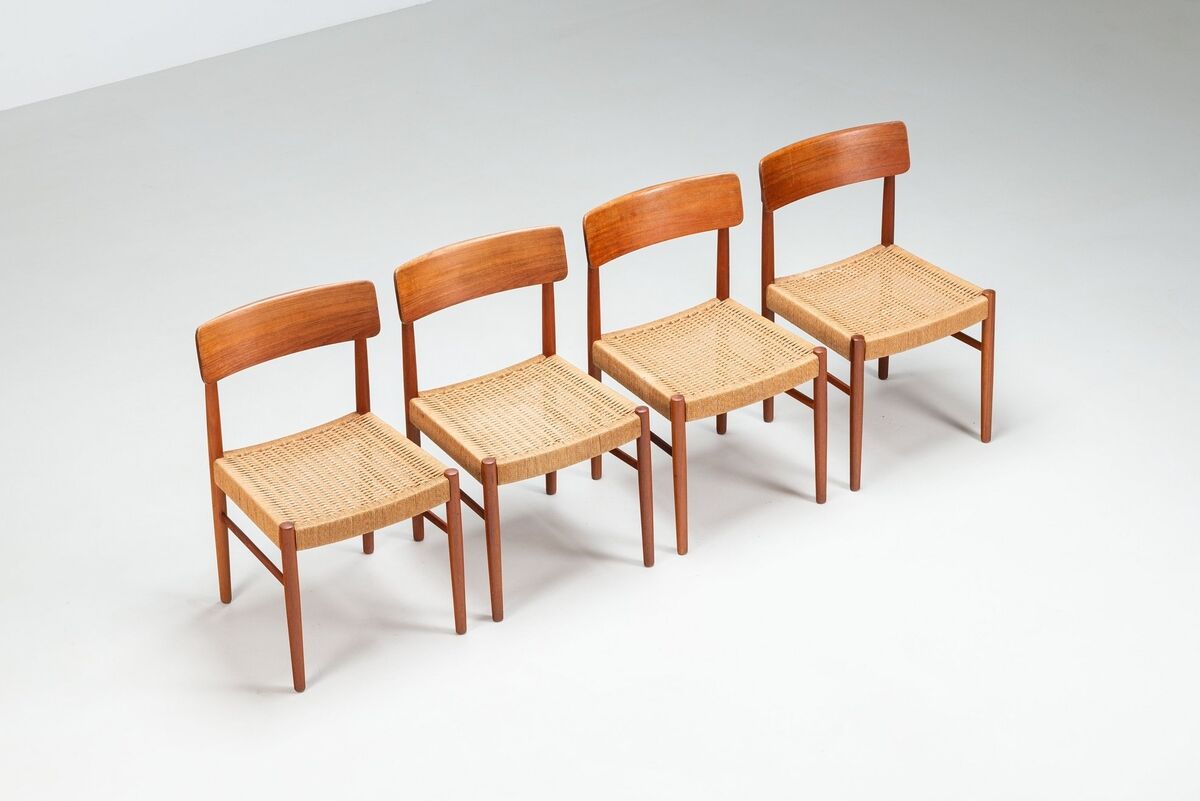 Set of four Danish dining chairs in teak and paper cord, Denmark, 1960