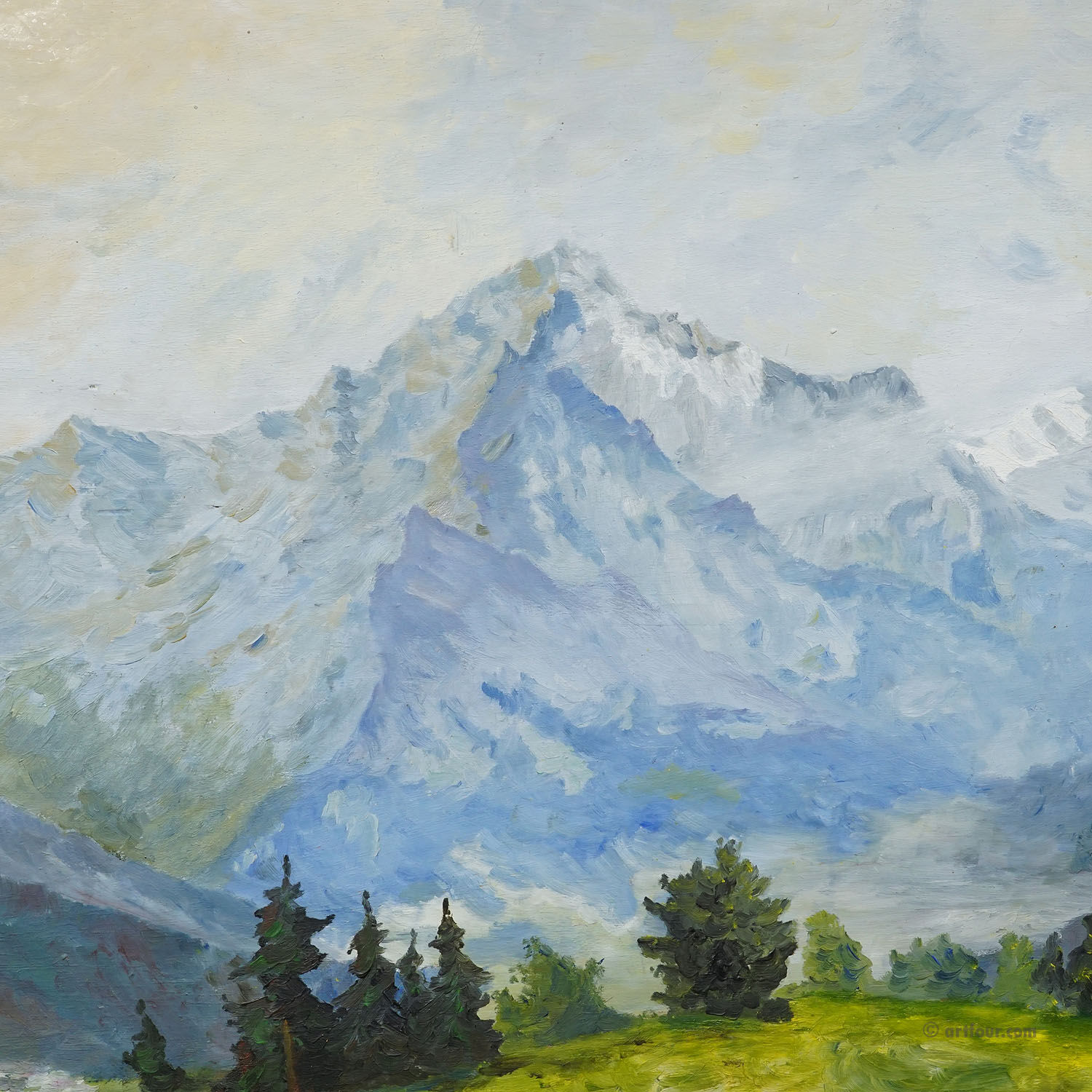 Alpine landscape painting with meadow, trees, and mountains.