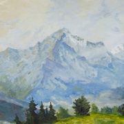 Alpine landscape painting with meadow, trees, and mountains.