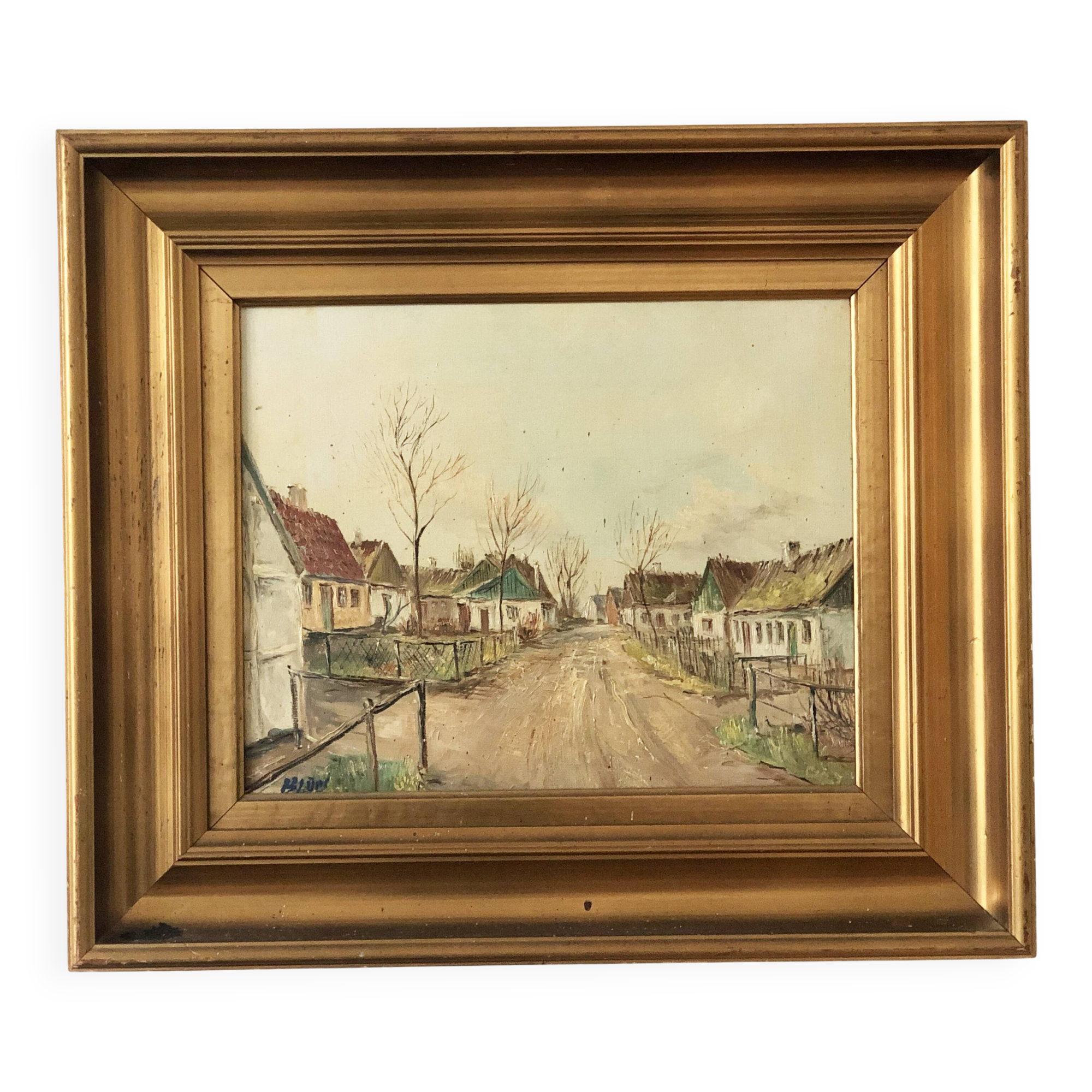Vintage European Village Original Oil Painting with Cottages, circa 1940