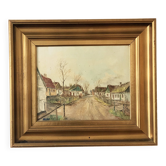 Peinture à l'huile originale d'un village européen vintage avec des cottages, vers 1940.