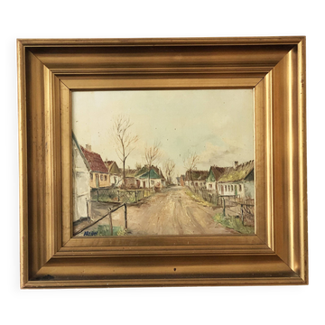 Vintage European Village Original Oil Painting with Cottages, circa 1940