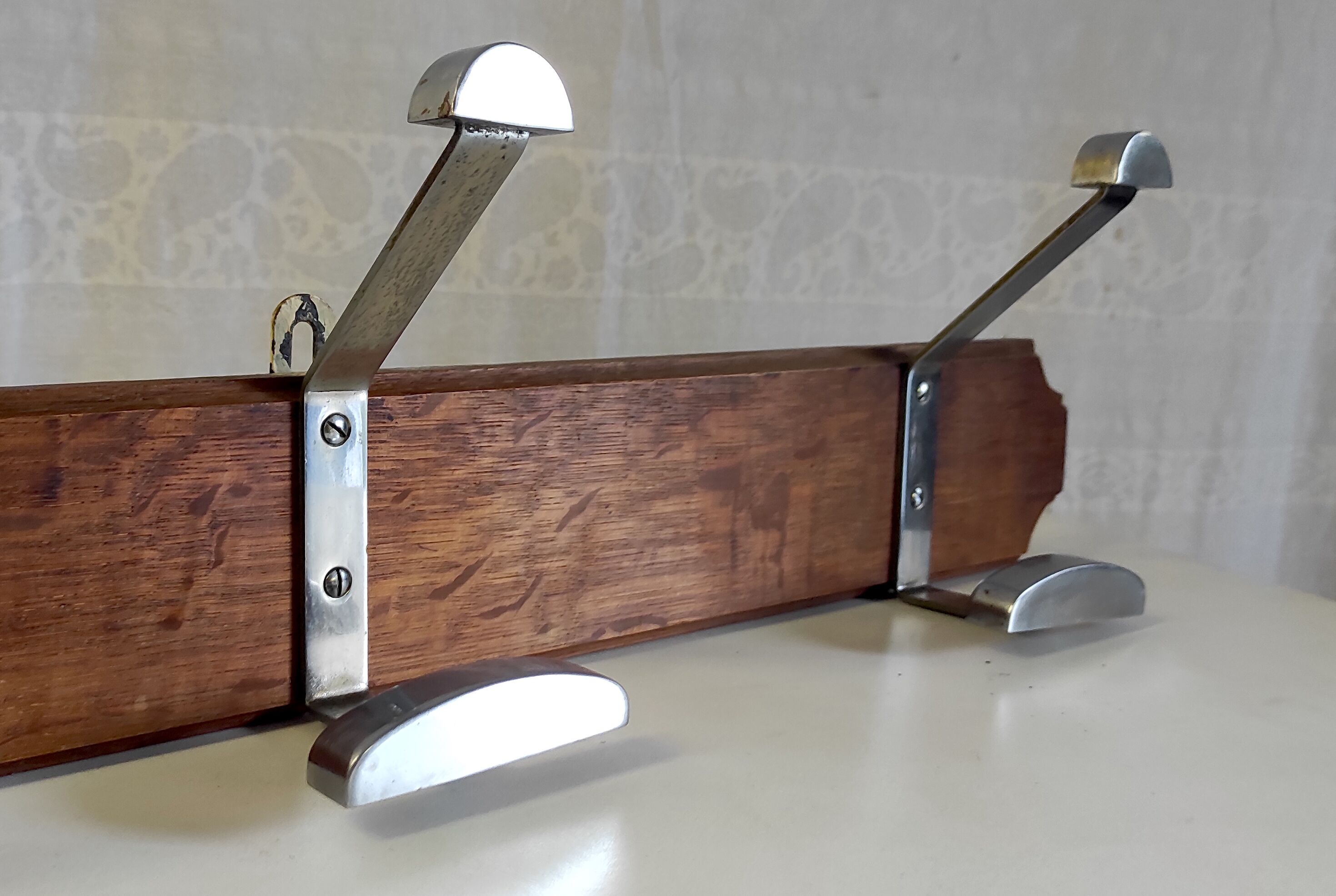 Wooden wall coat rack and chrome hooks – 60s