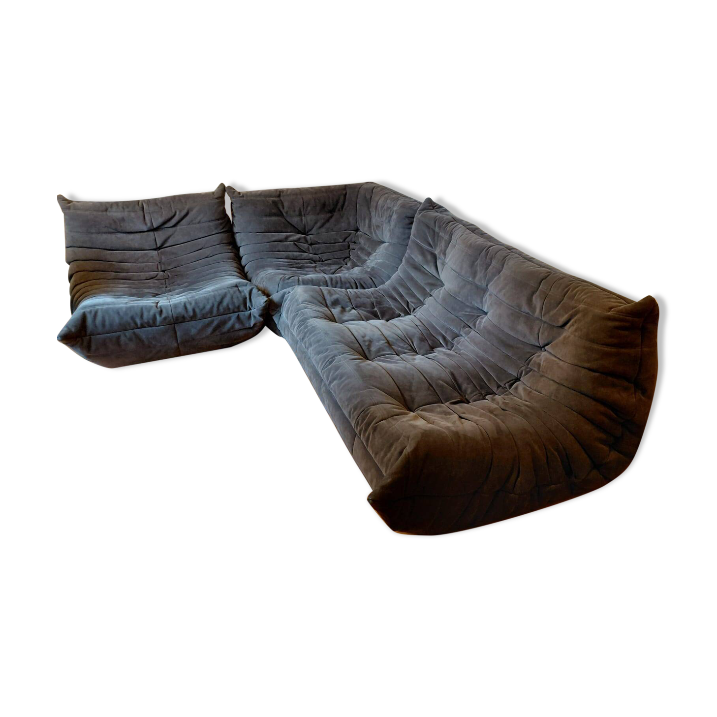 Togo Set by Ligne Roset, 3-seater sofa, corner piece and armchair in grey alcantara.