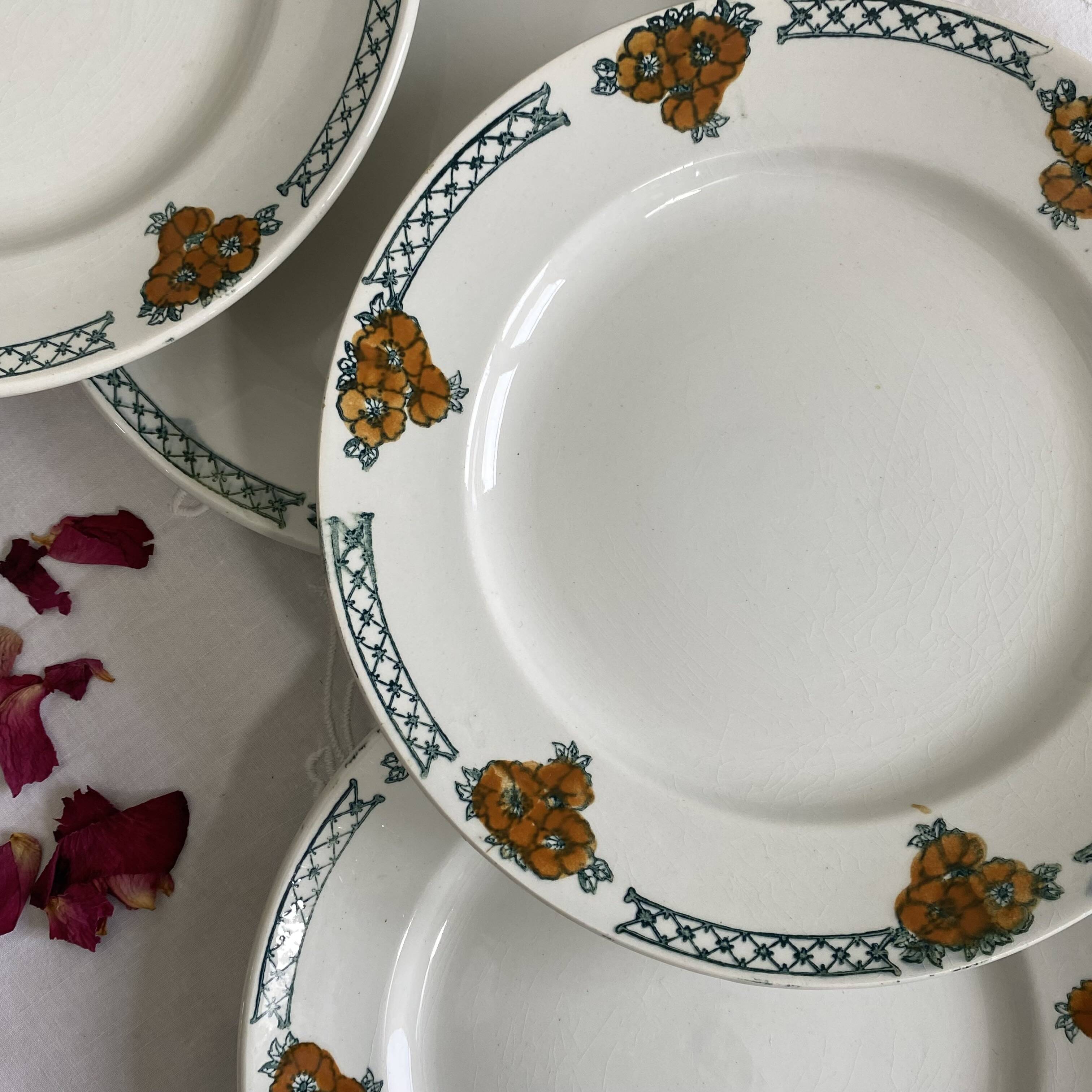 6 antique earthenware dessert plates, ironstone, Moulin des Loups Aubépine