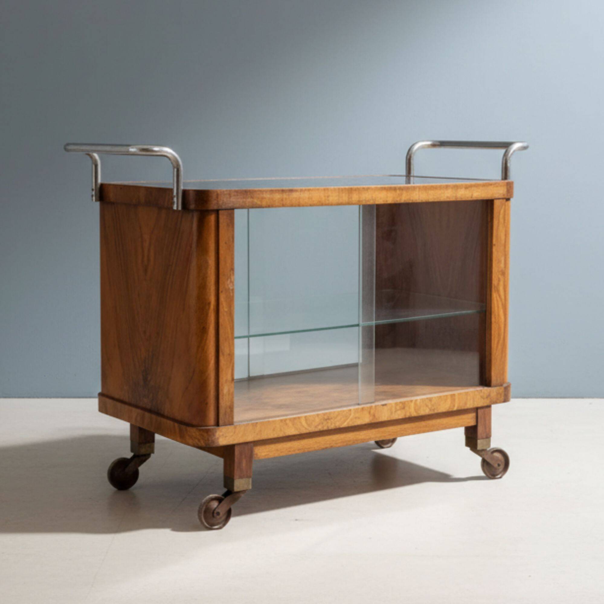 Art Deco walnut serving trolley with chrome, 1930s