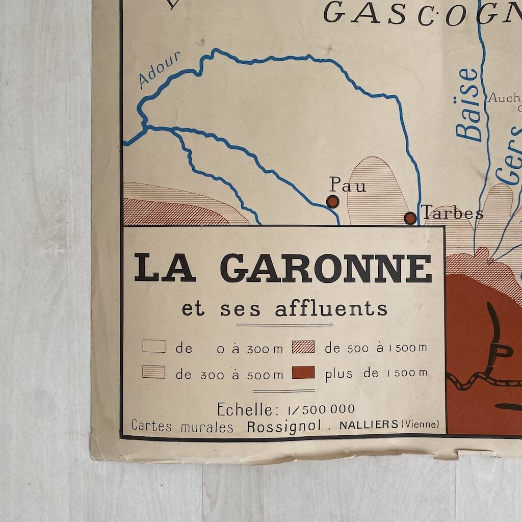 Vintage school map 1950 double-sided "The Garonne / the Rhône"