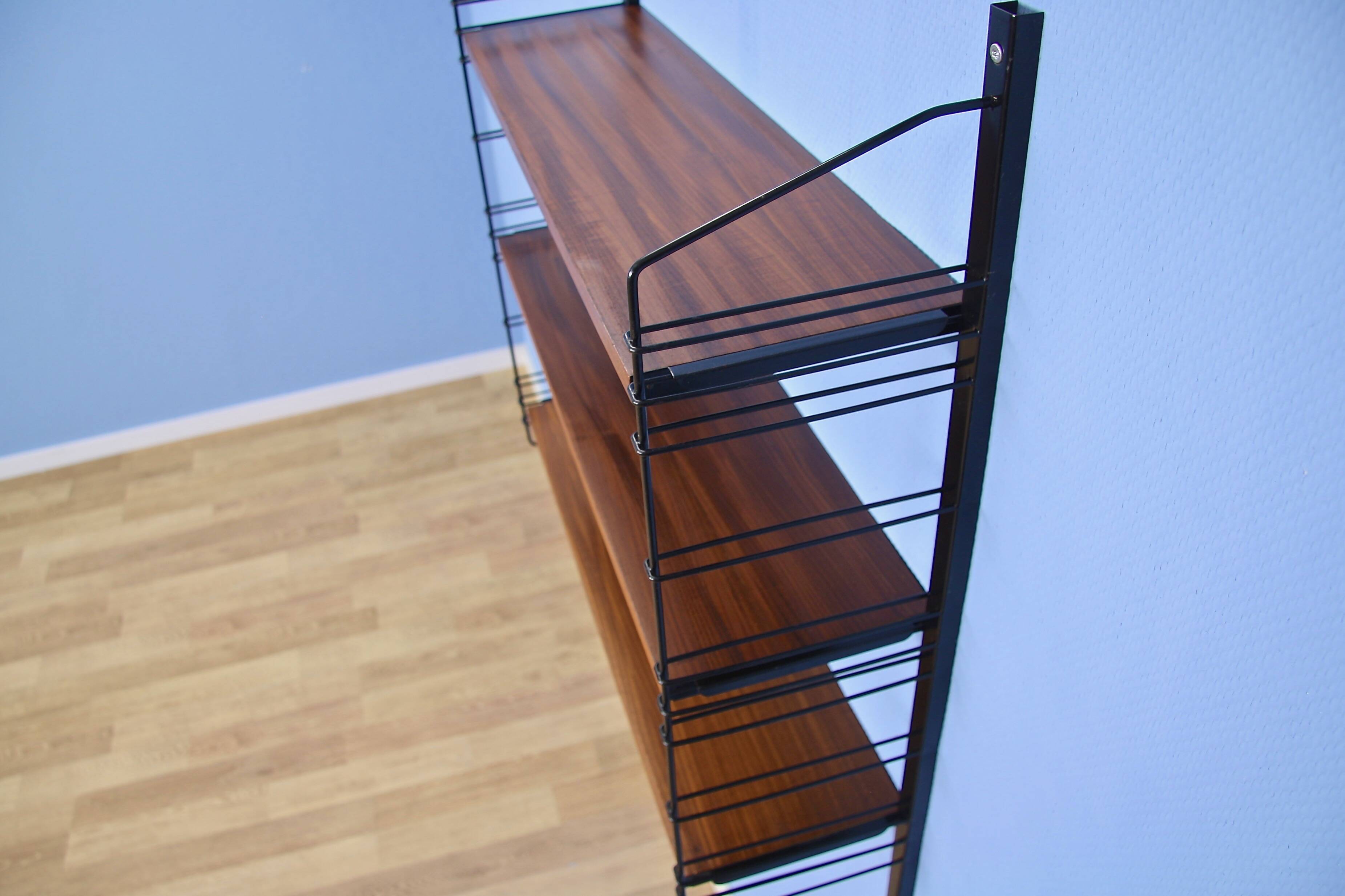 Dutch wall rack in teak and metal by A. Dekker for Tomado, 1960s
