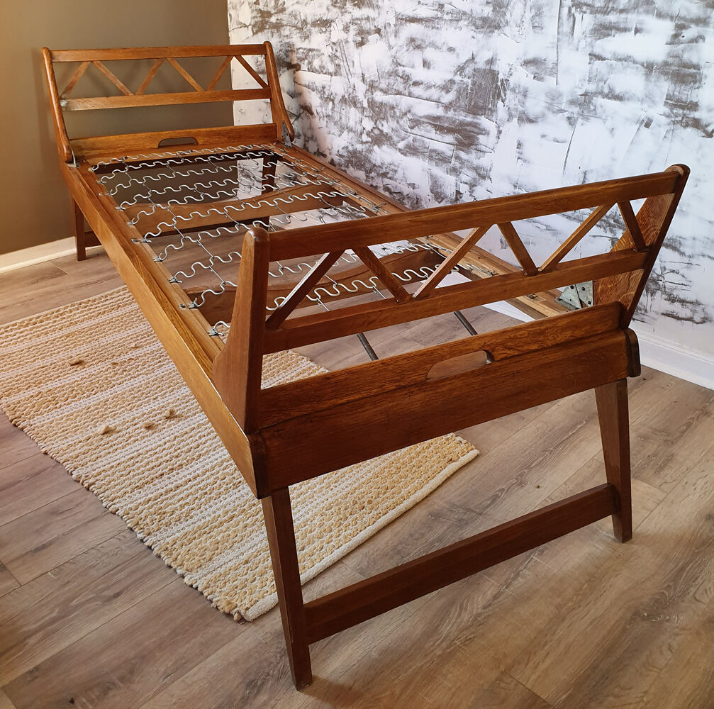 folding bed wood, daybed, solid oak, vintage, 50s