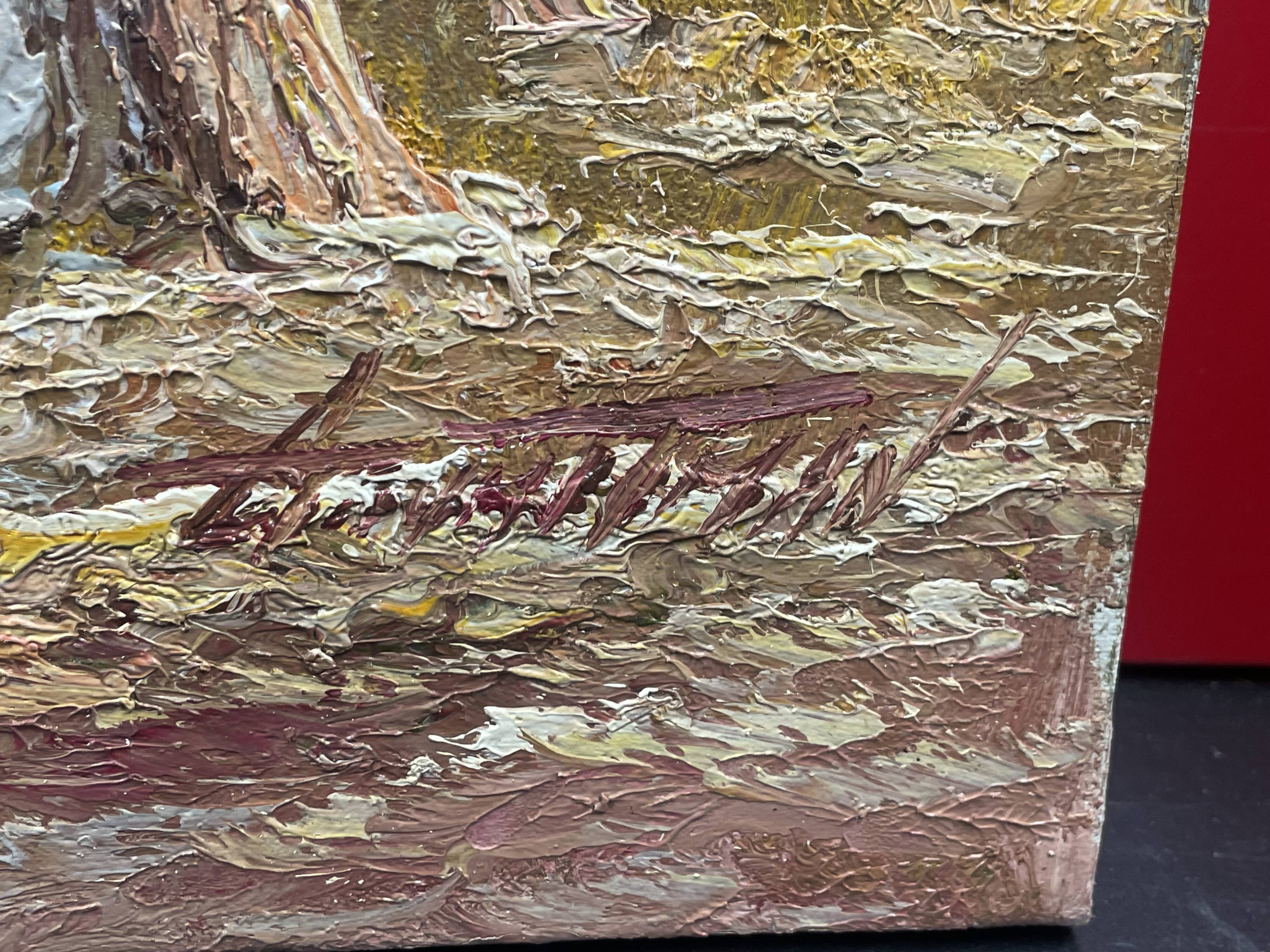 Oil on canvas, autumn lake landscape mountain lake