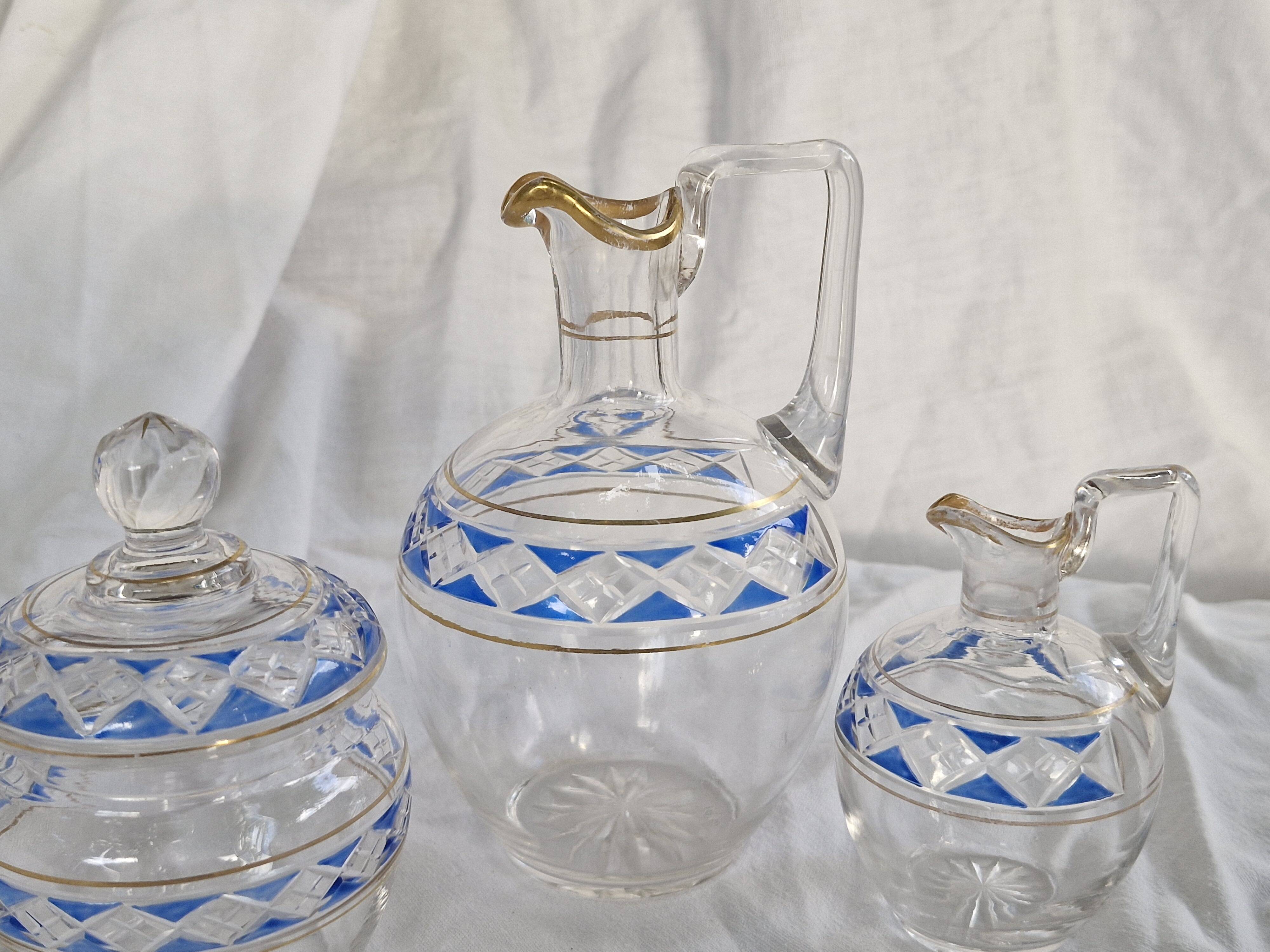 3 Antique Pieces Cut Crystal, Enameled - Early 20th Century
