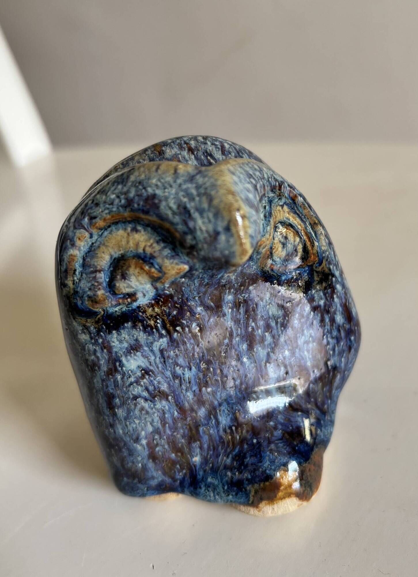Miniature owl figurine in raku ceramic by Annie Maume, Vintage 1970.