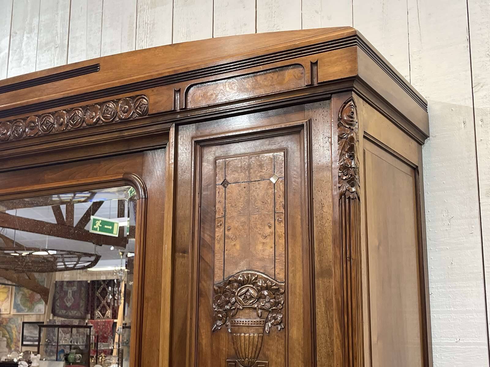 Art Deco period bedroom wardrobe with mirror in walnut and elm burl