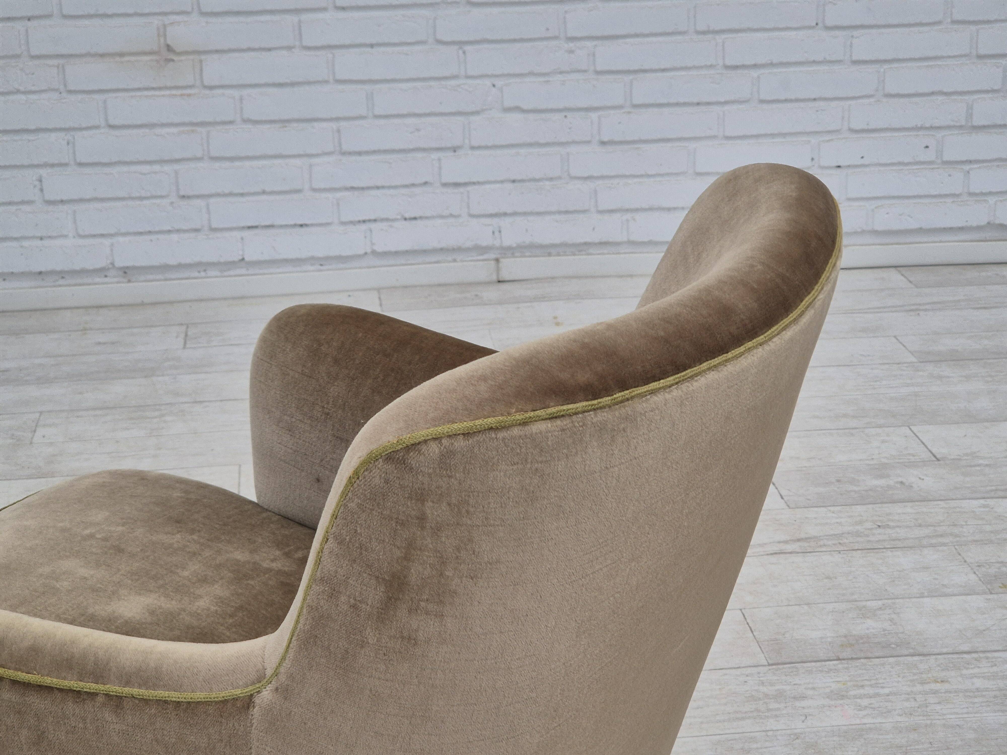 1970s, Danish lounge chair, original condition, furniture velour, beech wood legs.