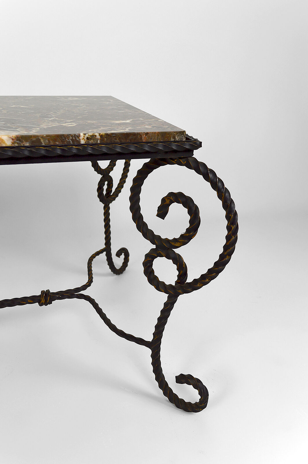 Coffee table in patinated wrought iron and marble, circa 1940