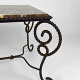 Coffee table in patinated wrought iron and marble, circa 1940